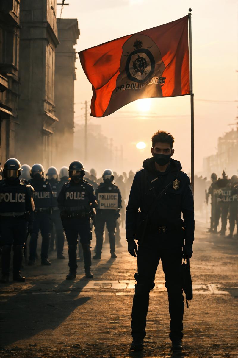 606247209521970558-310165149-leogirl, realistic photography, ,A lone man stands defiantly in front of a line of riot police, bathed in the golden hour light.jpg